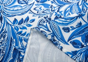Macro detail of blue floral pattern on durable fabric for Japanese door curtains