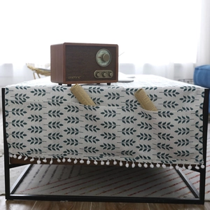 Nappe nordique en coton lin avec motif de feuilles, poches latérales et franges