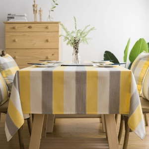Waterproof striped tablecloth in yellow and grey for rectangular and round dining tables
