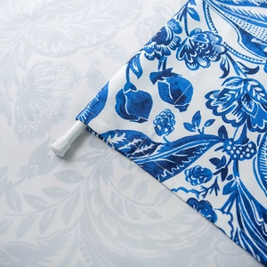 Japanese style blue floral fabric door curtain featuring a pole pocket for easy hanging