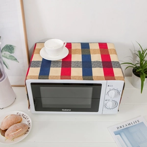 Nordic plaid microwave oven dust cover with classic colorful tartan pattern and side pockets