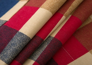 Detail of Nordic style microwave oven dust cover with thick plaid fabric texture