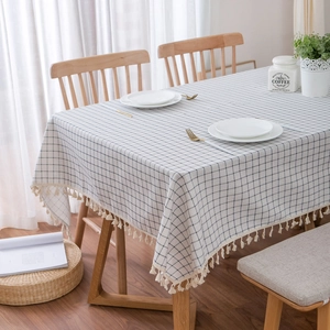 Mediterranean Nordic Cotton Linen Grid Tablecloth With Tassels White Blue Plaid Rectangle Dustproof Dining Table Cover