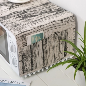 Housse de micro-ondes en lin, motif bois, avec poches latérales et pompons décoratifs