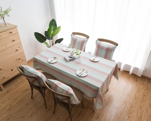 Striped waterproof cotton linen tablecloth with fringe and matching chair cushions