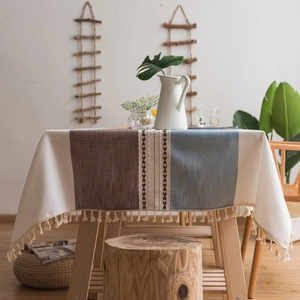 Nordic style striped faux linen tablecloth with blue embroidery and tassel fringe edges