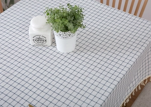 Close-up detail of blue and white plaid tablecloth with elegant beige fringe tassels