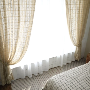 Rideau rétro au crochet beige en dentelle avec motifs géométriques pour fenêtres