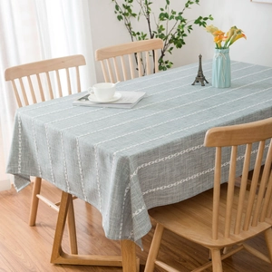 Nordic minimalist light blue cotton linen tablecloth with white lace striped texture