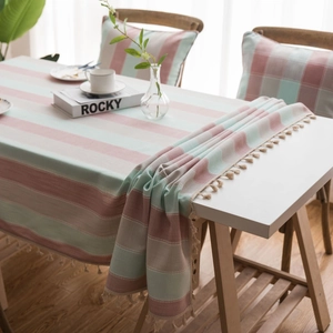 Nordic striped waterproof tablecloth with fringes in pink, white, and mint green