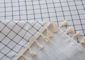 Close-up of blue checkered cotton linen tablecloth with decorative beige tassel edges