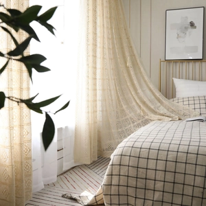Rideau en dentelle crochetée beige vintage avec motif floral pour chambre rustique