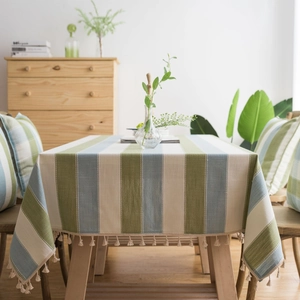 Nordic striped waterproof tablecloth with tassels for rectangle dining and coffee tables