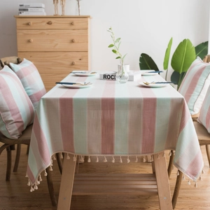 Modern striped waterproof tablecloth with tassels and matching pillowcase set in pink and blue