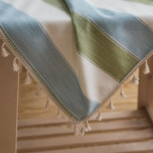 Waterproof striped cotton linen tablecloth with elegant tassels for modern home dining tables