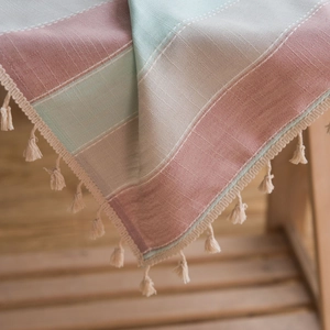 Modern striped waterproof cotton linen tablecloth with elegant tassels in Morandi colors