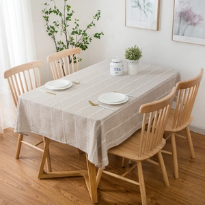 Minimalist beige linen tablecloth with white vertical stripes for rectangular tables