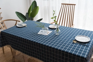 Detailed close-up of blue and white checkered tablecloth with decorative tassels