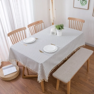 Minimalist white grid cotton linen tablecloth with elegant tassels for rectangular tables