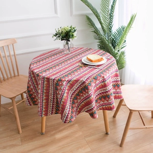 Bohemian round cotton linen tablecloth with colorful geometric and floral patterns