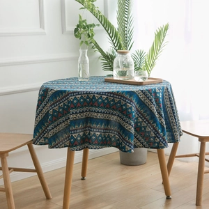 Bohemian Round Cotton Linen Tablecloth Geometric Ethnic Print Mediterranean Style Washable Table Cloth For Dining Room Decor