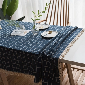 Nordic Minimalist Grid Embroidered Tablecloth With Tassels Polyester Linen Look Rectangular Dustproof Decorative Table Cover