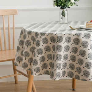 Nordic style cotton linen round tablecloth with minimalist tree print in cream white