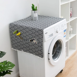 Japanese Cotton Linen Washing Machine Dust Cover Refrigerator Top Towel With Side Storage Pockets Pom Pom Fringe Fabric Decor