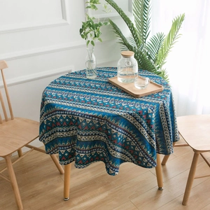 Close-up of Bohemian blue geometric print on heavy linen-cotton blend round tablecloth