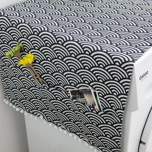 Japanese navy sea wave pattern dust cover for washing machine with side pockets