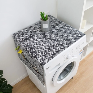 Navy Japanese wave pattern dust cover for washing machine with side pockets and tassels