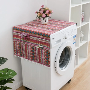 Bohemian Washing Machine Refrigerator Dust Cover Cotton Linen Protective Cover With Storage Pockets White Pom Pom Tassel