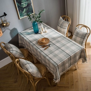 Modern Minimalist Gray Plaid Tablecloth With White Tassel Fringe Border Polyester Rectangular Dustproof Table Cover For Home Kitchen