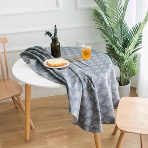 Nordic grey round tablecloth with white tree prints on a cotton linen textured fabric