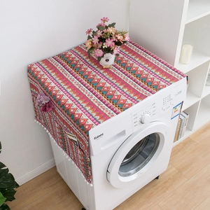 Bohemian red geometric dust cover for washing machine with white pompom fringe tassels