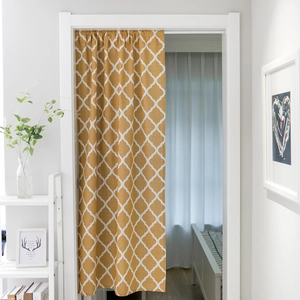 Yellow geometric pattern door curtain made of high-quality linen blend fabric