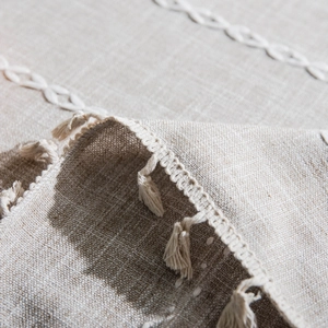 Brown rustic cotton linen tablecloth with white embroidery and elegant fringe edges