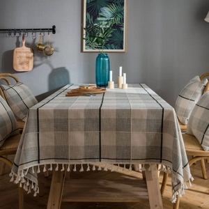 Gray plaid tablecloth with tassels made of thick cotton linen fabric for dining room