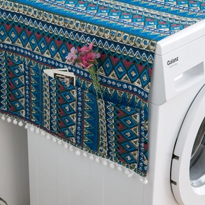 Bohemian style blue geometric dust cover for washing machines with side storage pockets