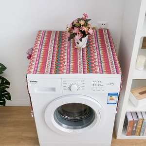 Bohemian style red geometric pattern dust cover for washing machines with tassel fringe