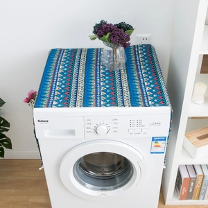Blue bohemian geometric dust cover with tassels for washing machine or refrigerator top