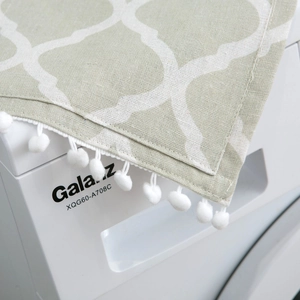 Green geometric diamond dust cover with white pompom trim for washing machines