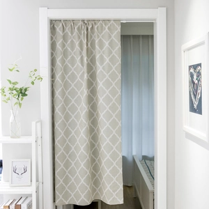 Nordic style geometric print door curtain in light green and beige cotton linen blend