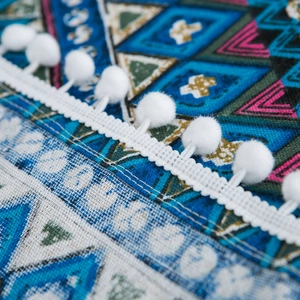 Bohemian geometric blue cover with pom-pom trim for fridge and washing machine