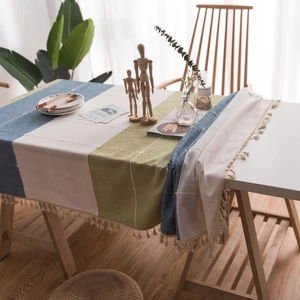 Waterproof linen-look tablecloth with blue white green patchwork and white tassels