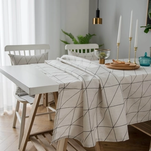 Modern minimalist black and white geometric cotton linen tablecloth for dining room decor