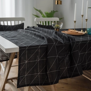 Modern minimalist black and white geometric cotton linen tablecloth with triangle patterns