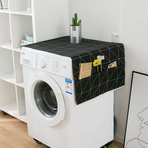 Minimalist geometric black dust cover for washing machines with storage pockets and tassels