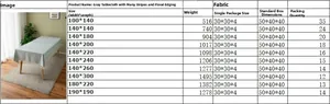 Size chart showing dimensions and weight for brown tassel cotton linen tablecloths