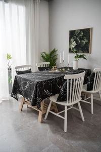 Close-up of Nordic black marble pattern tablecloth with premium thick linen texture